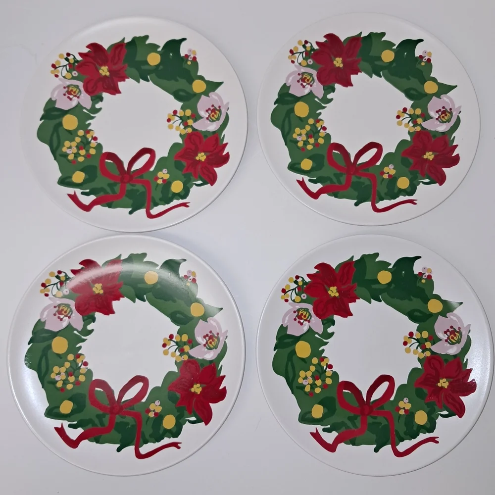 Set of 4 Threshold Festive Wreath appetizer holiday Christmas stoneware Plates